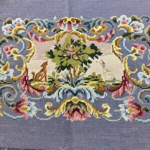 Vintage Needlepoint Petit Point Dog Tree Floral Hunt Scene Wall Chair 15x20